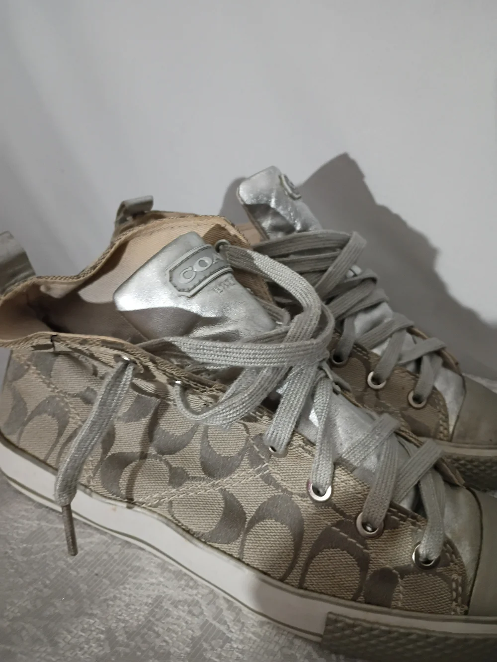 Coach Metallic Silver Monogram High-Top Sneakers